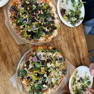 Two vegan pizzas and Chopped salad