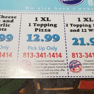 Pick up special . 1 xl  , 1 topping pie. $12.99 16".