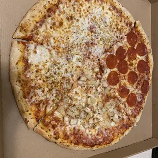 3 Cheese slice, pepperoni slice, and Pineapple Chicken Pizza Slice
