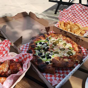 Garlic Parmesean chicken wings, small cheese pizza w/ half olive/bell pepper and half pineapple/jalapeño, and an order of steak fries.