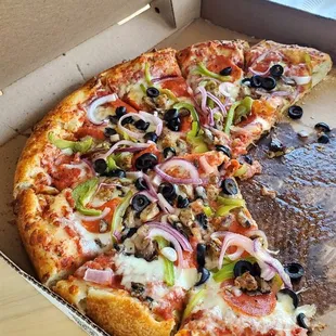 Large Supreme pizza. Best pizza hands down in the IE!