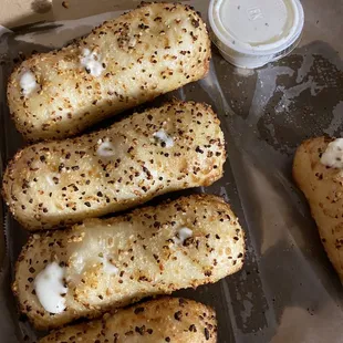 Burnt garlic bread with ranch in the middle