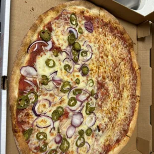 XL Cheese pizza with jalapeños/onions on one half