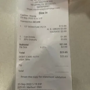 a receipt for a slice of soul pizza lounge