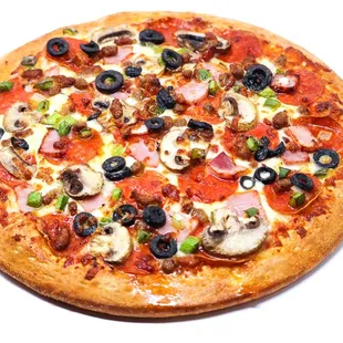 The Gnarly - Mozzarella cheese, pepperoni, ham, mushroom, green peppers, onions, beef, sausage, bacon, black olives &amp; extra cheese