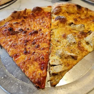 Cheese Pizza slice and buffalo chicken pizza