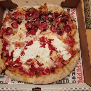 Half pepperoni and Mushroom and half roasted red peppers and ricotta