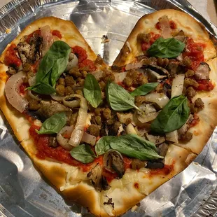 Vegan Meatless Meat Lovers Pizza with mushrooms &amp; basil on GF crust - Heart shaped.