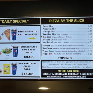 a menu for pizza by the slice