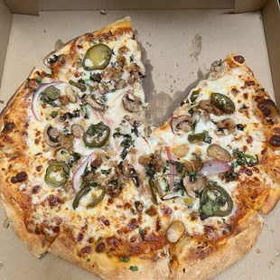 Sausage, mushroom, jalapeno, red onion, minced garlic, basil, and cilantro