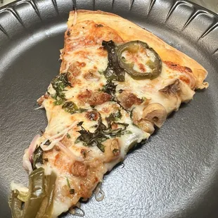 Sausage, mushroom, jalapeno, red onion, minced garlic, basil, and cilantro