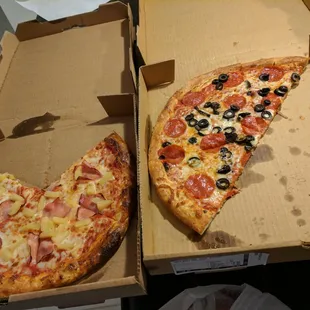 hawaiian left/pepp and black olives right