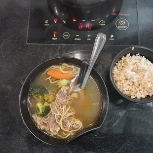 Tom yum shabu with toro and short ribs with half and half rice.