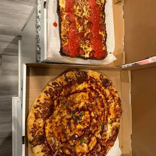 Detroit style pepperoni and NY Style BBQ