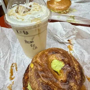 Pecan Pie Cold Brew Cleaning Lady Bagel (w/ GF Jalapeño cheddar bagel)