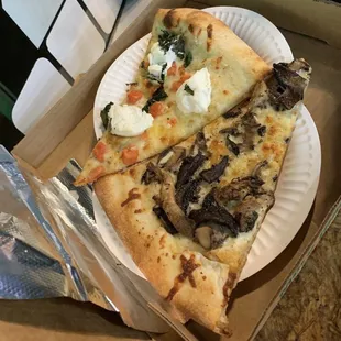 Smoked Mushroom pizza (on the right), Tomato Ricotta (on the left), in to-go box. It was great.