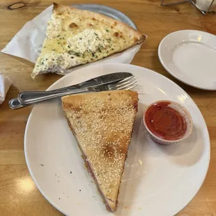 The stuffed pizza and the white pizza!!!  So different but so good!