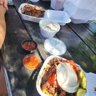 Brisket Mac, Chicken with potato salad.