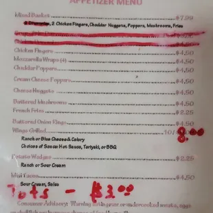 Menu as of 8/29/2023