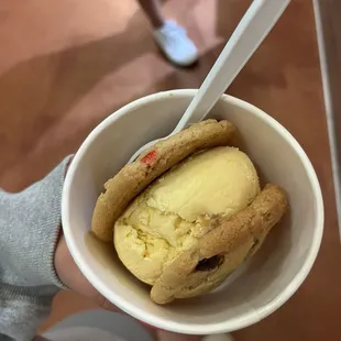 One scoop of salted caramel ice cream with M&amp;M cookies