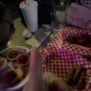 a plate of food and a drink