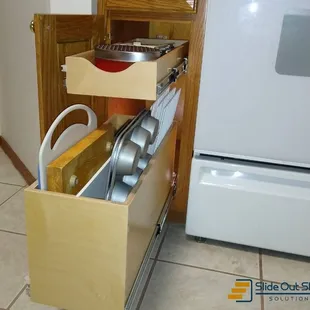 Custom built to fit your spaces and store exactly what you need, slide out shelves bring your space out to you!