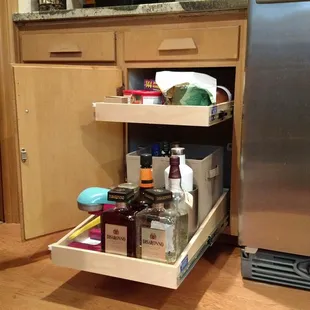 High back slide out shelf keeps your items secure when pulling your slide out shelves in and out of your cabinets.