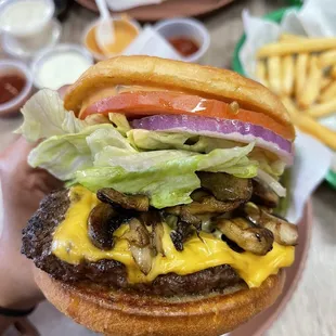 6oz burger with American cheese and grilled mushrooms