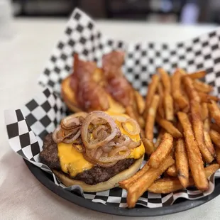 6 Oz Hamburger w/ American cheese, Grilled Onions, Bacon &amp; fries. FOODIE IG PAGE @DnJFoodAdventures