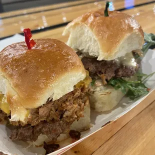 The steakhouse Slider (right) and the Ultimate Slider (Left: mix of Bacon and pulled Pork)