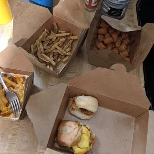 Hard to get a photo before people have dug in...note the large order of fries and tots, half side for cheese fries and 1 and a half burgers