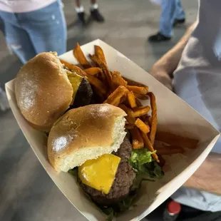 Peppep slider with a side of sweet potato fries