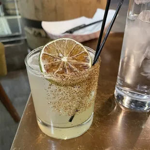 The upside down - tequila, pineapple, lime, ancho chili salt