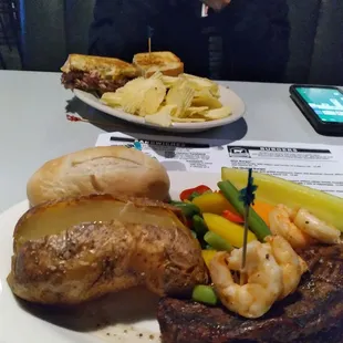 Patty melt, steak an shrimp baked potato