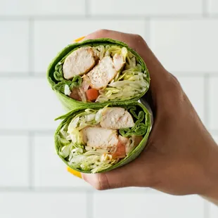 a hand holding a wrap with lettuce and tomatoes