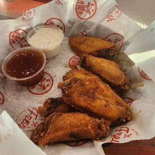 Cayenne dry rub wings, with sweet red chili and ranch dips