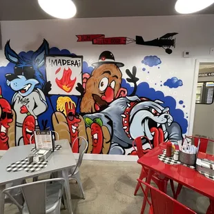 a colorful mural in a restaurant