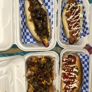 Top left -chilli dog Top right-cool dog Bottoms left -the tater tots(not actual name) Bottom right- jalapeño popper one