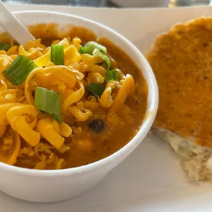 Baja chicken enchilada soup, half of a Momma's chicken salad sandwich, pressed on the grill