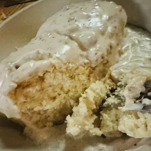 Full Biscuits &amp; Gravy $8.95 (half size $5.95) Dive Bar food tasty and filling. Made here at Slim's