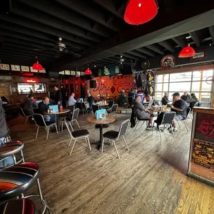 people sitting at tables in a restaurant