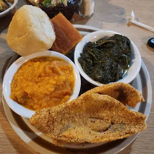 Catfish filets, sweet potato casserole, greens