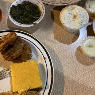 Catfish  Cornbread  Greens  Okra Potato salad  Fried asparagus