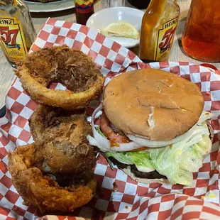 Firehouse burger and onion rings. Good, not great.