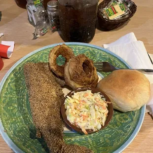 Whole catfish w/onion rings n cole slaw.