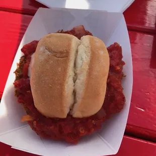 Tastier than it looks!  Eggplant parm slider.  Yummm.