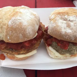Eggplant and meatball sliders. So good!! Bread is great, sauce rocks. Just good food.