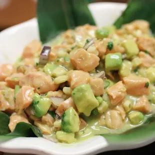 Salmon Ceviche with fresh Salmon, yuzu juice, lime, avocado, cilantro