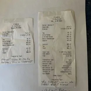 Original receipt and tablet receipt where I was charged for a "sampler" that I didn't order or receive