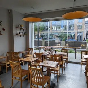 tables and chairs in a restaurant